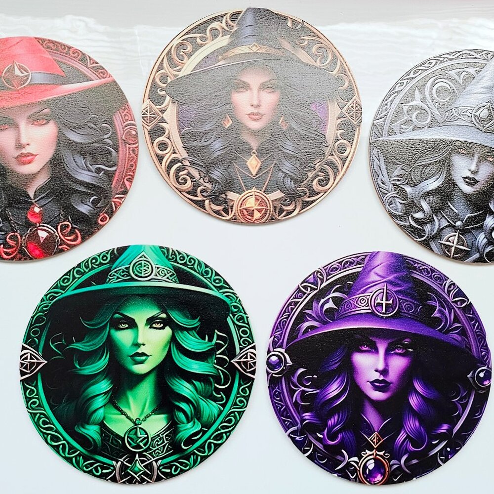Cork Coasters Set of 5, Witch Portrait,Gothic Fantasy Home Decor Round Drink Mat